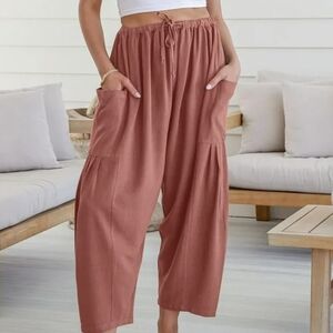 TARSE Wide Leg Coral Linen Drawstring  Pants Size XL